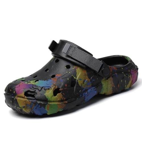 Herren Eva Clogs mit Farbspritzer-Design – Leichte rutschfeste Gartenschuhe mit Verstellbarem Riemen, Atmungsaktive Wasserschuhe für Garten, Strand, Pool und Sommer Freizeit Schwarz 45 von ELIOGN