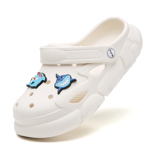 Kinder Clogs Sandalen Hausschuhe – Eva Gartenschuhe mit Haifisch-Deko, rutschfeste Sommer Slipper Jungen Mädchen White-24-25 von ELIOGN