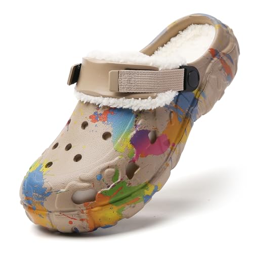 Winter Clogs Gefüttert - Herren Eva Clogs mit Farbspritzer-Design – Leichte rutschfeste Gartenschuhe mit Verstellbarem Riemen, Winter Slip-On Pantoffeln Gartenclogs Khaki 44 von ELIOGN