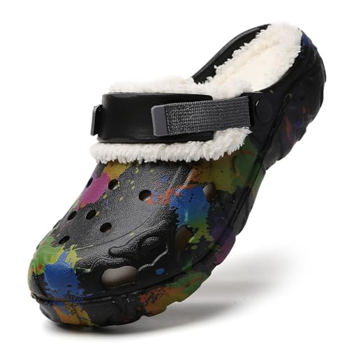 Winter Clogs Gefüttert - Herren Eva Clogs mit Farbspritzer-Design – Leichte rutschfeste Gartenschuhe mit Verstellbarem Riemen, Winter Slip-On Pantoffeln Gartenclogs Schwarz 37/38 von ELIOGN