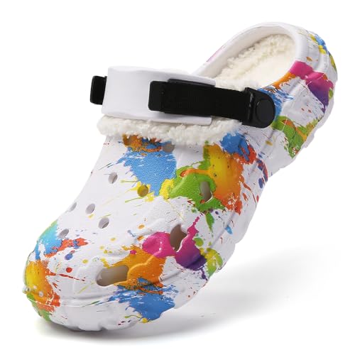 Winter Clogs Gefüttert - Herren Eva Clogs mit Farbspritzer-Design – Leichte rutschfeste Gartenschuhe mit Verstellbarem Riemen, Winter Slip-On Pantoffeln Gartenclogs Weiß 44 von ELIOGN