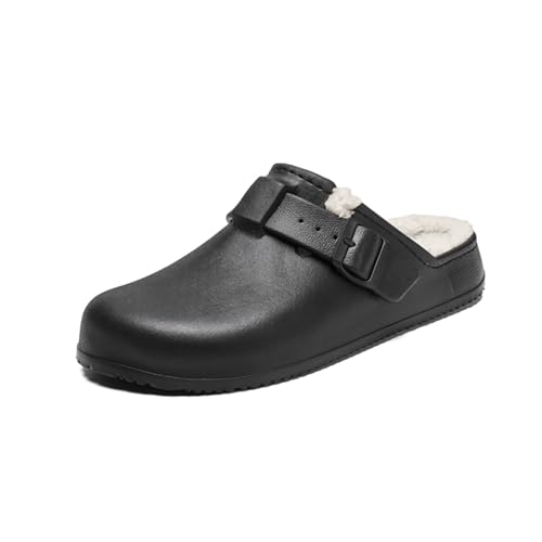 Winter Clogs Gefüttert Herren Warme Damen Gartenschuhe Weiche Bequeme Hausschuhe Geschlossen Lined Winterschuhe rutschfeste Slip-On Pantoletten Indoor Outdoor Schwarz 44/45 von ELIOGN