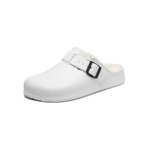 Winter Clogs Gefüttert Herren Warme Damen Gartenschuhe Weiche Bequeme Hausschuhe Geschlossen Lined Winterschuhe rutschfeste Slip-On Pantoletten Indoor Outdoor Weiß 38/39 von ELIOGN