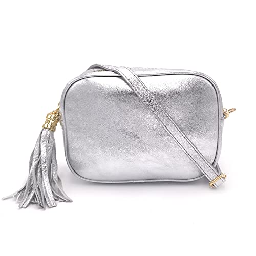 ELIOX Damenhandtasche aus echtem Leder, hergestellt in Italien, klein, elegant, modisch, Crossbody Bag, echtes Leder, silber / schwarz, Einheitsgröße von ELIOX