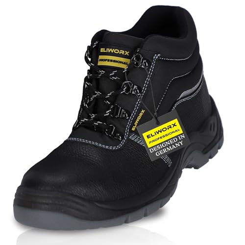 ELIWORX Arbeitsschuhe Herren Sicherheitsschuhe S3 SR aus Rindsleder - Terra High - Mit Stahlkappe, Atmungsaktiv, Durchtrittsichere Zwischensohle aus Stahl, besonders rutschhemmend - Schwarz - 43 von ELIWORX