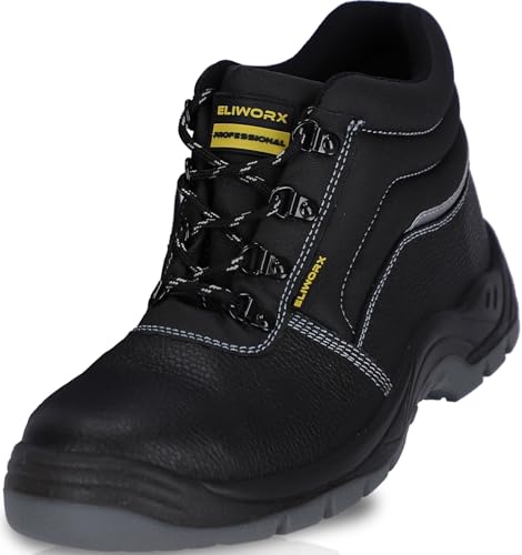ELIWORX Arbeitsschuhe Herren Sicherheitsschuhe S3 SR aus Rindsleder - Terra High - Mit Stahlkappe, Atmungsaktiv, Durchtrittsichere Zwischensohle aus Stahl, besonders rutschhemmend - Schwarz - 45 von ELIWORX