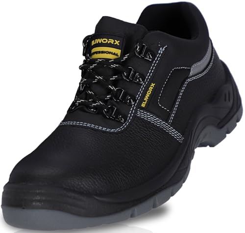 ELIWORX Arbeitsschuhe Herren Sicherheitsschuhe S3 SR aus Rindsleder - Terra Low - Mit Stahlkappe, Atmungsaktiv, Durchtrittsichere Zwischensohle aus Stahl, besonders rutschhemmend - Schwarz - 45 von ELIWORX