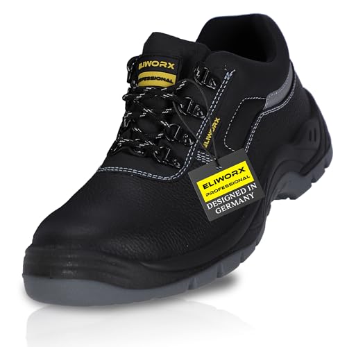 ELIWORX Arbeitsschuhe Herren Sicherheitsschuhe S3 SR aus Rindsleder - Terra Low - Mit Stahlkappe, Atmungsaktiv, Durchtrittsichere Zwischensohle aus Stahl, besonders rutschhemmend - Schwarz - 47 von ELIWORX