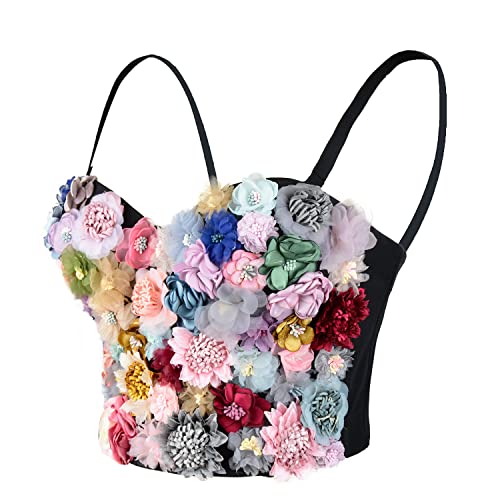 ELLACCI Damen 3D-Blumen-Bustier Crop Top Hochzeit Party Club BH Tops, Schwarz, Small von ELLACCI