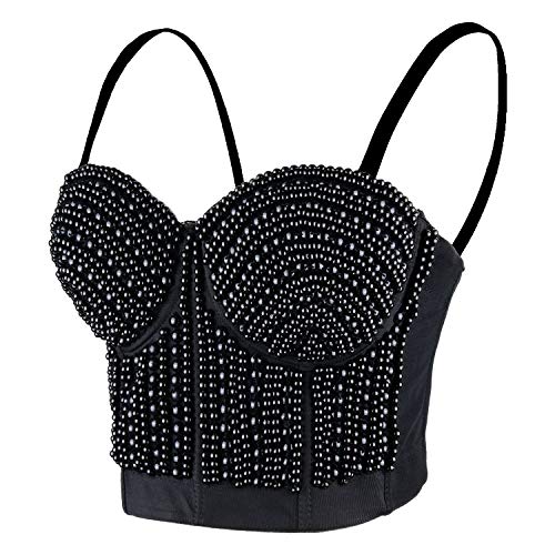 ELLACCI Damen Bustier mit Perlen, bauchfreies Top für Club, Party, sexy Korsett, Top BH, Schwarz - Schwarz - Mittel von ELLACCI