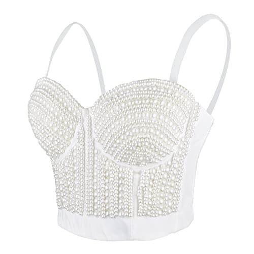 ELLACCI Damen-Bustier mit Perlen, bauchfreies Top für Club, Party, sexy Korsett, Top-BH, Weiß - Weiß - Groß von ELLACCI