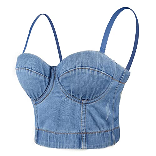 ELLACCI Damen Denim Bustier Crop Top Jeans Korsett Top BH mit abnehmbaren Trägern - Blau - Mittel von ELLACCI