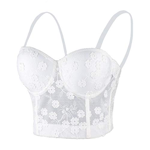 ELLACCI Damen Mesh Spitze Blume Bustier Crop Top Sexy Korsett Top BH Weiß - Weiß - Klein von ELLACCI