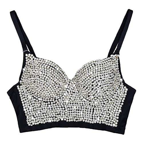 ELLACCI Damen Strass Diamant Push Up Bustier Crop Top Sexy Punk Korsett BH Schwarz, Schwarz, Mittel von ELLACCI