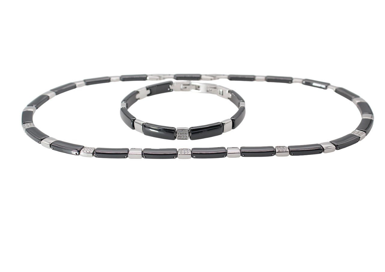 ELLAWIL Collier-Set Collier und Armband aus Keramik und Edelstahl Schwarz, Silber (Kettenlänge 48 cm, Armbandlänge 20cm, Breite 6 mm), inklusive Geschenkschachtel von ELLAWIL