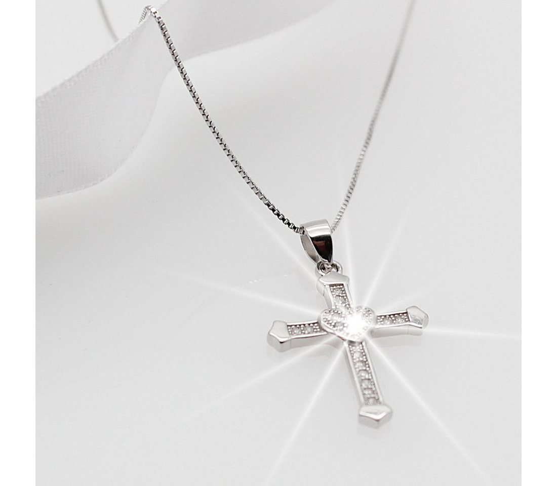 ELLAWIL Silberkette Kreuzkette Damen Halskette mit Kreuzanhänger Kreuz mit Herz Zirconia (Kettenlänge 45 cm, Sterling Silber 925), inklusive Geschenkschachtel von ELLAWIL