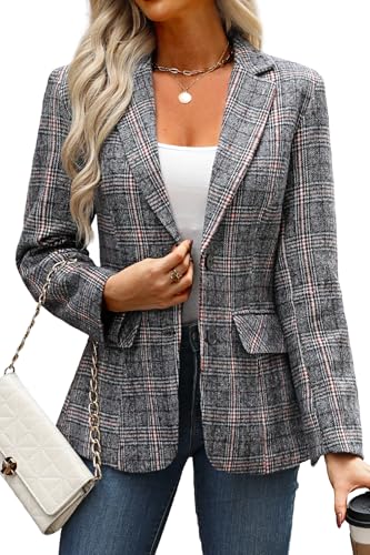ELLEVEN Damen-Blazer, Reverskragen, kariert, 2 Knöpfe, Boyfriend-Blazer, Jacke, Anzug, Hahnentrittmuster, Arbeit, Büro, Grau-rotes Karomuster, M von ELLEVEN