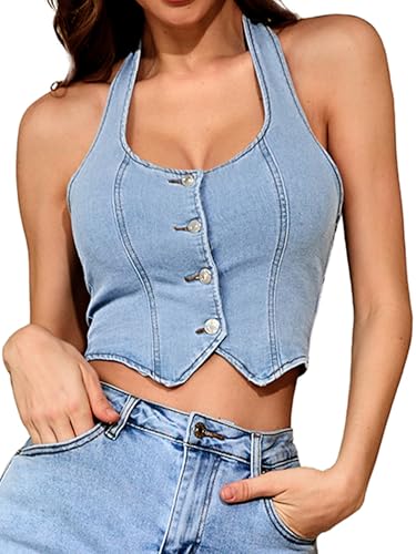 ELLEVEN Damen Denim Neckholder Top Jeans Weste - Quadratischer Ausschnitt Knopfleiste vorne Slim Fit Crop Weste Western Sommer Outfit, Hellblauer Denim, Klein von ELLEVEN