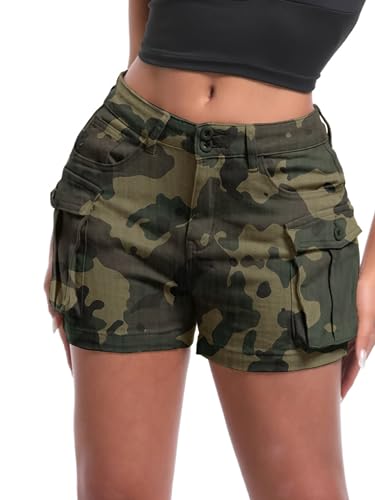ELLEVEN Damen High Stretch Cargo Shorts Y2K Mini High Waist Slim Fit Jeans Shorts mit Taschen, Camo, Mittel von ELLEVEN
