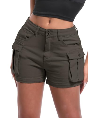ELLEVEN Damen High Stretch Cargo Shorts Y2K Mini High Waist Slim Fit Jeans Shorts mit Taschen, GRAU, Groß von ELLEVEN