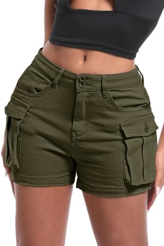 ELLEVEN Damen High Stretch Cargo Shorts Y2K Mini High Waist Slim Fit Jeans Shorts mit Taschen, Grün (Army Green), Mittel von ELLEVEN