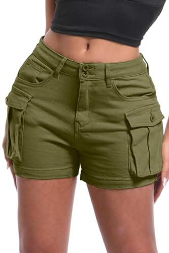 ELLEVEN Damen High Stretch Cargo Shorts Y2K Mini High Waist Slim Fit Jeans Shorts mit Taschen, Hellgrün, Groß von ELLEVEN