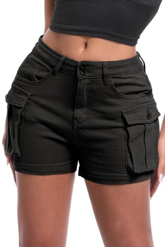 ELLEVEN Damen High Stretch Cargo Shorts Y2K Mini High Waist Slim Fit Jeans Shorts mit Taschen, Schwarz, Mittel von ELLEVEN