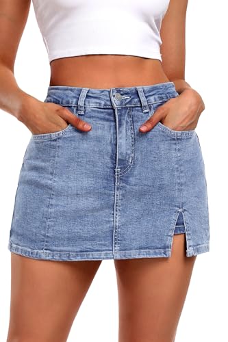 ELLEVEN Damen Jeansrock mit seitlichem Schlitz, hoher Stretch, hohe Taille, Y2K Mini-Jeansrock-Shorts mit 5 Taschen, A-Denim Blue, X-Groß von ELLEVEN