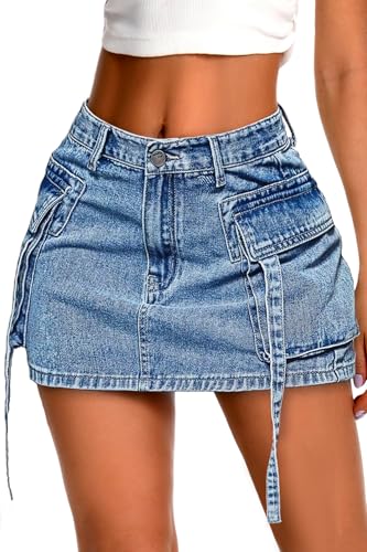 ELLEVEN High Stretch Denim Cargo Rock für Damen Niedrige Taille Y2k Mini Jeans Rock Niedlicher Rock mit Taschen, A-blauer Denim, X-Groß von ELLEVEN
