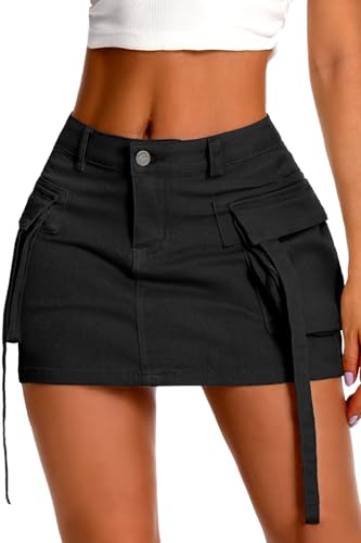 ELLEVEN High Stretch Denim Cargo Rock für Damen Niedrige Taille Y2k Mini Jeans Rock Niedlicher Rock mit Taschen, Schwarz, X-Groß von ELLEVEN