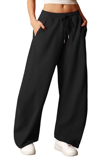 ELLEVEN Y2K Damen-Sweathose mit weitem Bein, hohe elastische Taille, Baggy-Hose mit Taschen und verstellbaren Knöchelbündchen mit Kordelzug, Schwarz, X-Groß von ELLEVEN