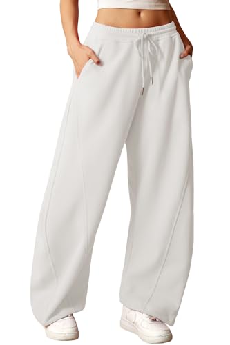 ELLEVEN Y2K Damen-Sweathose mit weitem Bein, hohe elastische Taille, Baggy-Hose mit Taschen und verstellbaren Knöchelbündchen mit Kordelzug, Weiss/opulenter Garten, M von ELLEVEN