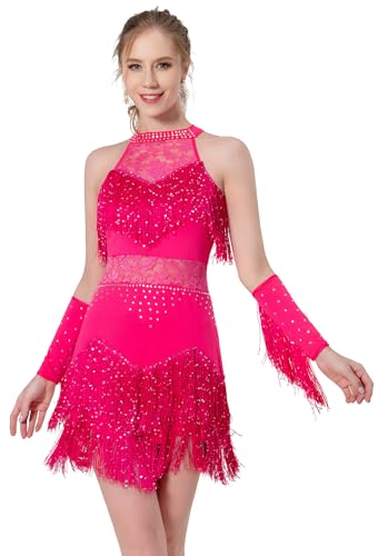 ELLYDOOR Frauen Latein Kleid Spitze Strass Fransen Rock Ballsaal Salsa Cha Cha Tanz Party Kleid mit Armband, 027Rose Red, Mittel von ELLYDOOR
