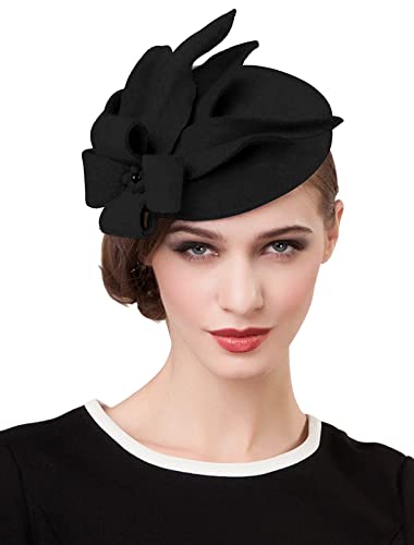 ELLYDOOR Woll-Fascinator Pillbox-Hut Winter Britische Wollfilzmütze für Frauen Hochzeit Kirche Hut Blume Fedoras, 2021 Schwarz, Einheitsgröße von ELLYDOOR