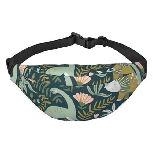 Dinosaurier und tropische Blätter und Blumen Gürteltasche für Männer Modische Crossbody Fanny Pack für Frauen Hüfttasche mit verstellbarem Riemen, mehrfarbig, Einheitsgröße, Kuriertasche von ELMAIN