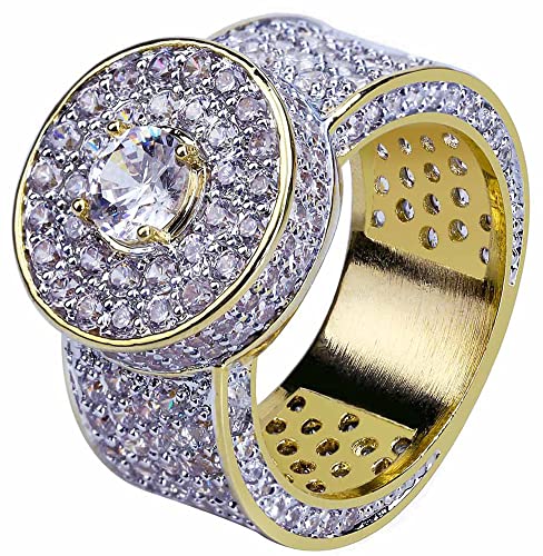 ELMAIN Ringe für Herren Hip-Hop Big Ring mit Zirkongoldplatten-Ring-Eis-Out-Ringgold glitzernden Zirkonia-Hip-Hop-Schmuckringen für Frauen gold-US-10 von ELMAIN