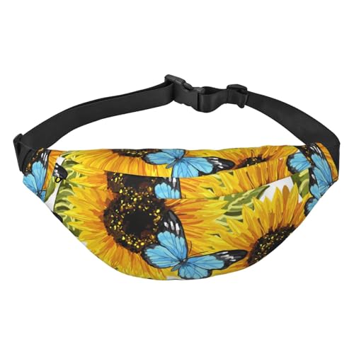 Gürteltasche mit Aquarell-Sonnenblumen, blauen Schmetterlingen, Blumen, Schmetterling, für Damen und Herren, Gürteltasche für Workout, Laufen, Reisen, mehrfarbig, Einheitsgröße, Kuriertasche von ELMAIN