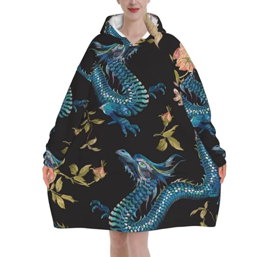 Tragbare Decke Hoodie, Drachen und Rosen Blumenmuster Übergroße Sweatshirt Decke Gemütlich Weich Warm Plüsch Kapuzendecke, mehrfarbig, 320g flannel von ELMAIN