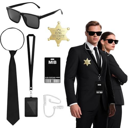 ELNLE Agent Kostüm Zubehör Set, Spion Kostüm Zubehör, Man in Black Kostüm mit Sonnenbrille Zip Krawatte Hörer ID Karte und Kartenhalter für Karneval Halloween Rollenspiel von ELNLE