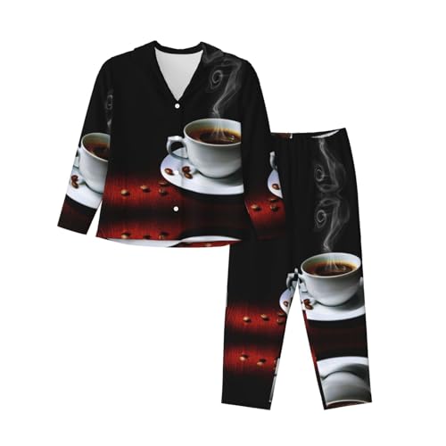 ELRoal Damen-Pyjama, heißer Kaffee mit Kaffeebohnen-Druck, langärmelig, Set für Zuhause, Schwarz , XXL von ELRoal