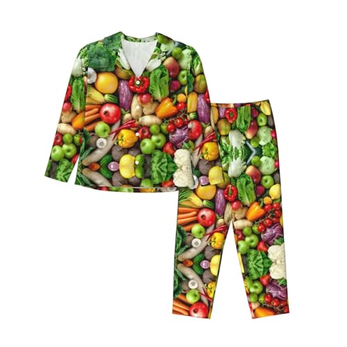 ELRoal Nachtwäsche Frisches Obst Und Gemüse Drucken Frauen Langarm Pyjama Set Für Ein Weiches Und Bequemes Schlaferlebnis, Schwarz , XL von ELRoal