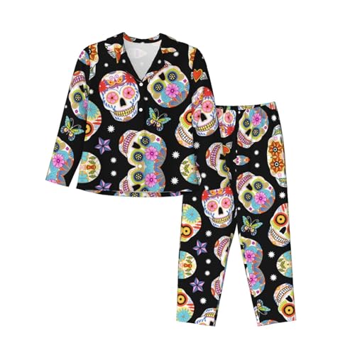 ELRoal Nachtwäsche Sugar Skulls Printing Damen Langarm Pyjama Set für ein weiches und bequemes Schlaferlebnis, Schwarz , M von ELRoal