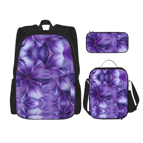 ELRoal Taschenrucksack, lilafarbene Lilien-Blumen, bedruckt, Crossbody-Lunch-Tasche, Federmäppchen-Set, multifunktional, tragbar, Lern- und Bürotasche, Schwarz , Einheitsgröße von ELRoal