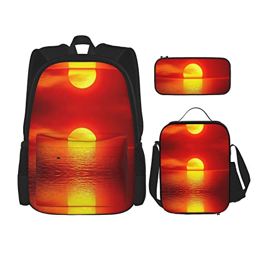 ELRoal Taschenrucksack, roter Sonnenaufgang-Druck, Crossbody-Lunch-Tasche, Federmäppchen-Set, multifunktional, tragbar, Lern- und Bürotasche, Schwarz , Einheitsgröße von ELRoal