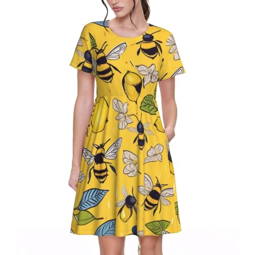 Damen Sommerkleid Gelb Zitrone und Biene – Lässiges Kurzarm Rundhals Plissee Kleider Swing T-Shirt Sommerkleid mit Tasche, Größe 3D, M von ELSMZXZD