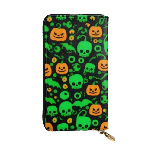 ELSMZXZD Green Ghost Horror Halloween Leder Geldbörse Langer Reißverschluss Geldbörse Karte Handy Halter Fall Clutch für Damen & Herren – PU-Leder Damen Geldbörse Geldbörsen für Alltag Reise Arbeit von ELSMZXZD