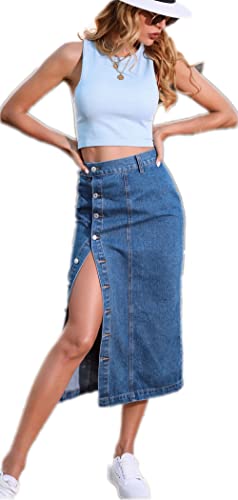 ELSTAROA Damen-Jeansrock mit hoher Taille und Knopfleiste, Blau, X-Groß von ELSTAROA