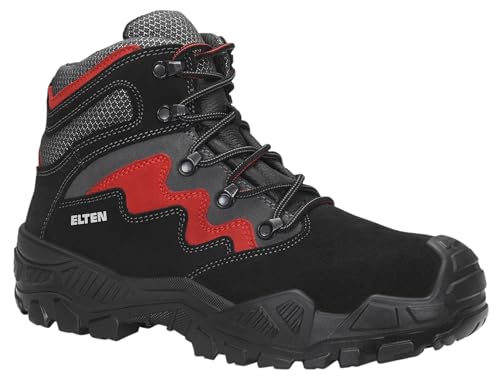 ELTEN Sicherheitsschuhe Mick Black-red Mid ESD S3S, Damen und Herren, Leder/Textil, Stahlkappe, leicht, klassisch 44, Schwarz-Rot-Grau von ELTEN