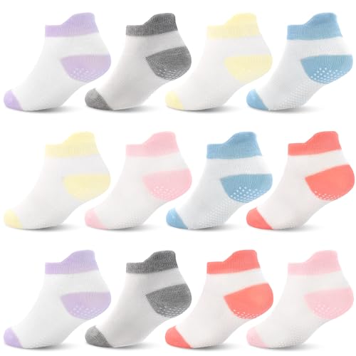 ELUTONG Antirutsch Socken Kinder，12 Paar Stoppersocken Kinder Baumwolle Rutschfeste Socken für 0-6 Monate Jungen Mädchen（rosa, gelb） von ELUTONG