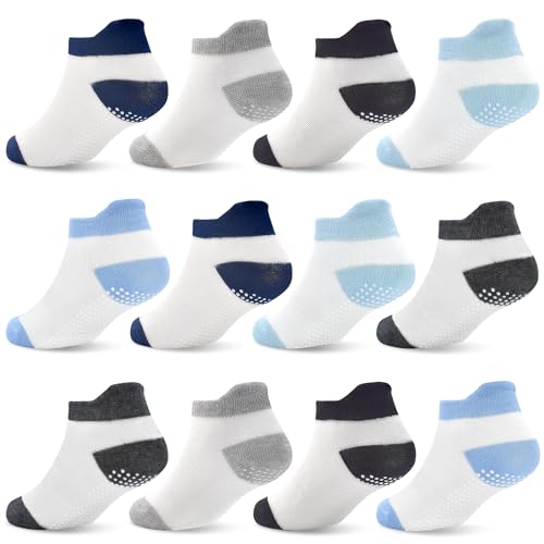 ELUTONG Antirutsch Socken Kinder，12 Paar Stoppersocken Kinder Baumwolle Rutschfeste Socken für 1-3 Jahre Jungen Mädchen（schwarz, blau） von ELUTONG